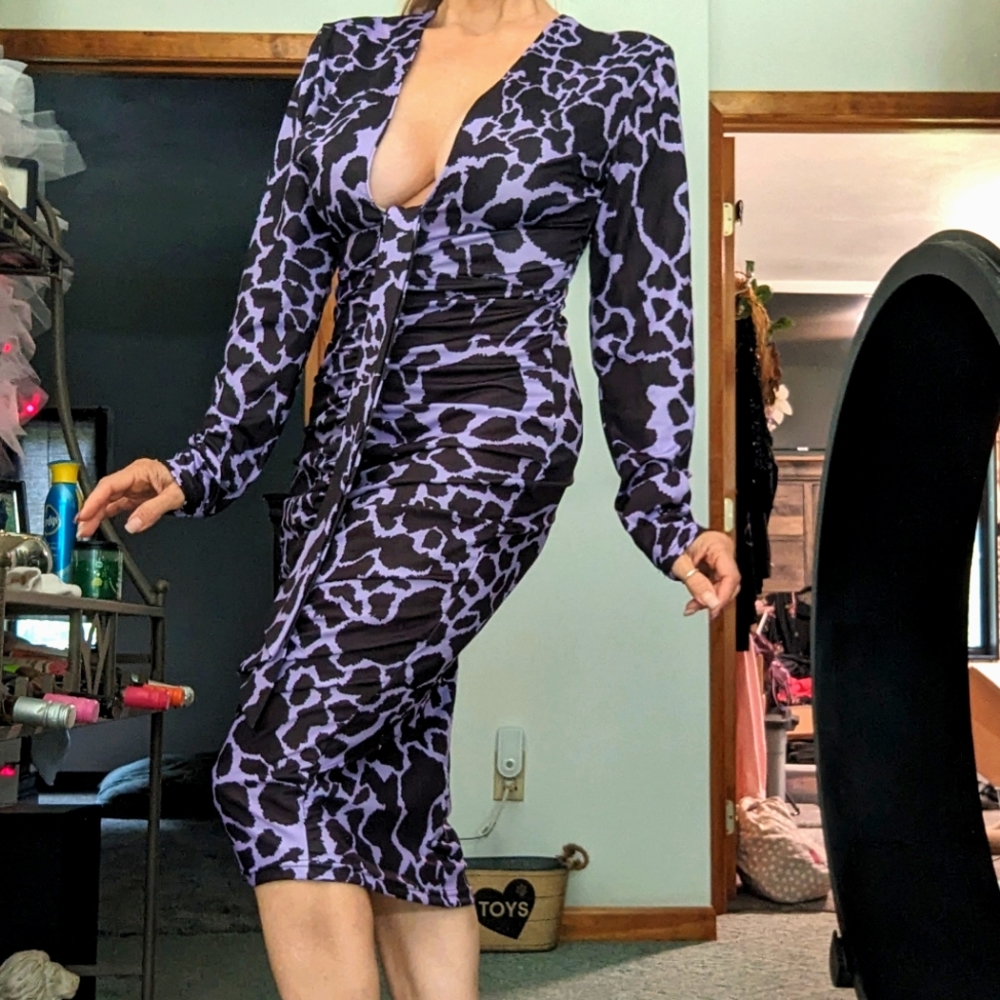 Purple animal print V neck dress Medium